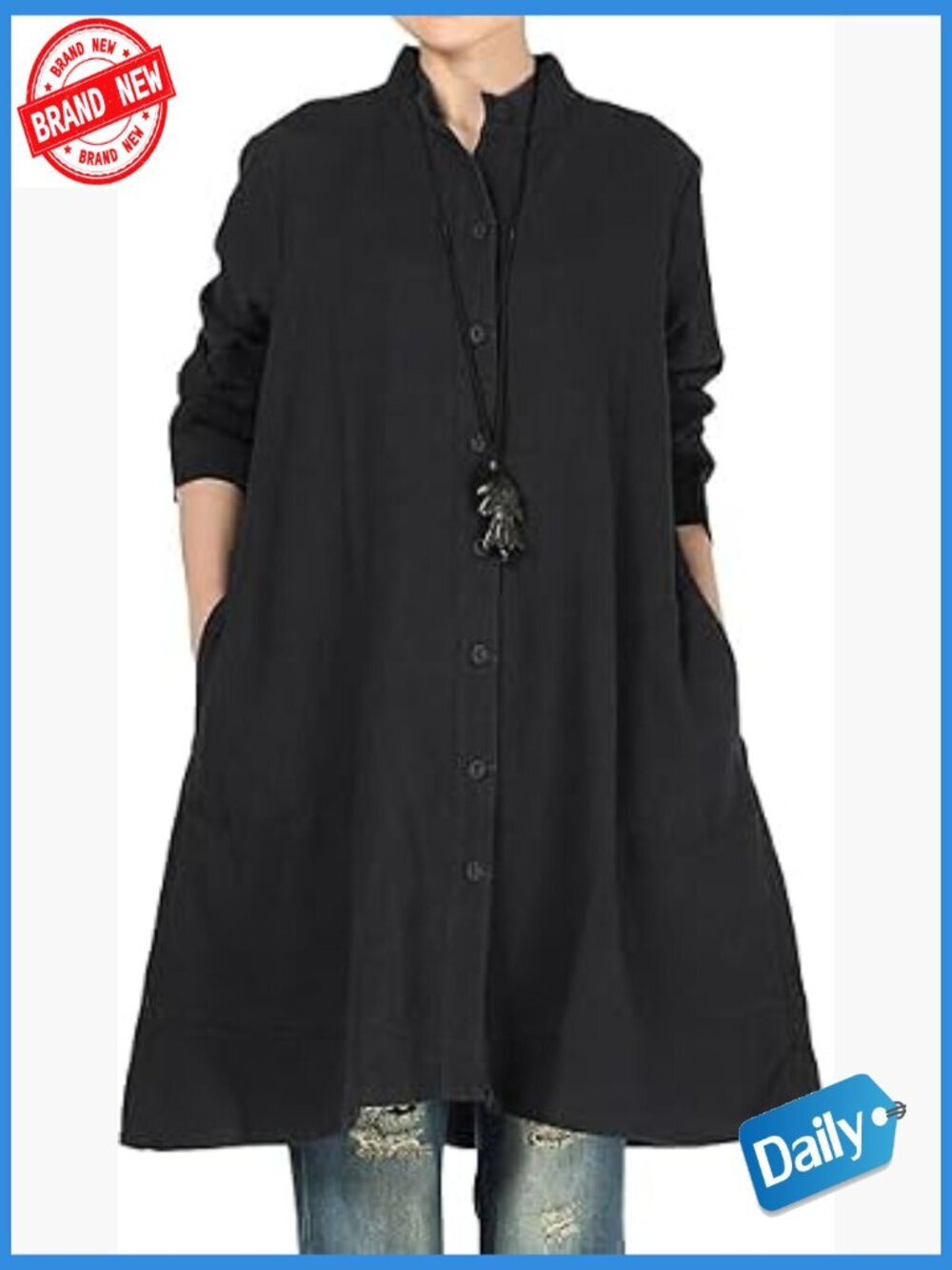 Women's Oversized Button Down Cotton Linen Blouse Jacket Long Sleeve Pockets
